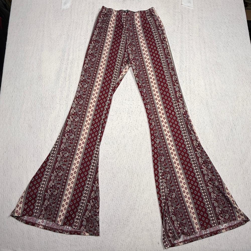 Windsor Womens Boho Paisley Print Flare Bell Bottom Pants Burgundy Red Small